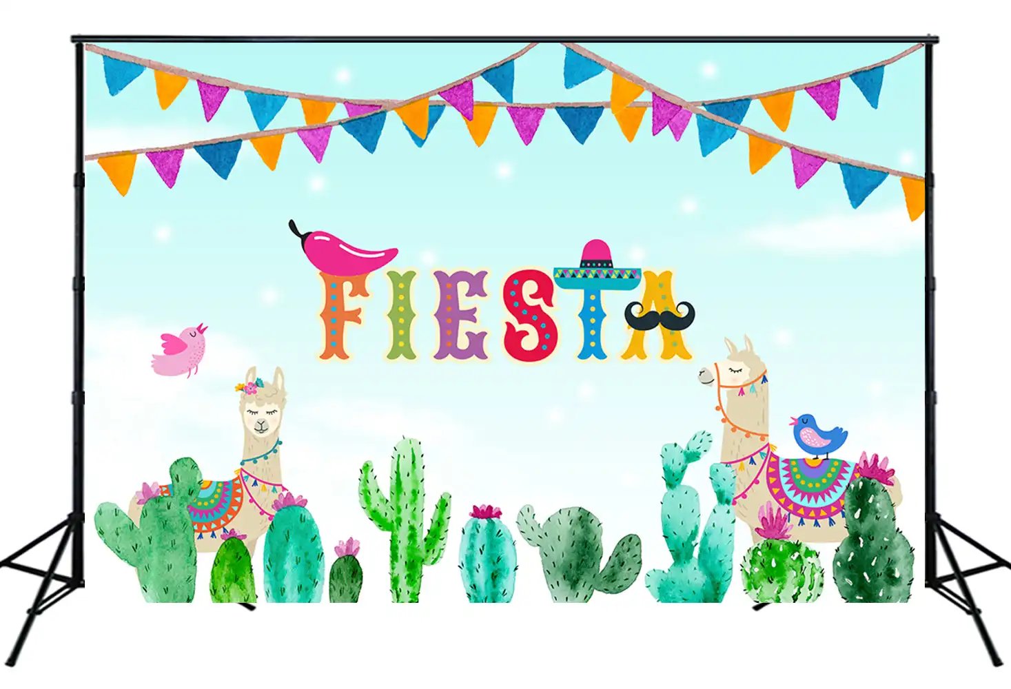 Mexican Fiesta Backdrop Light Blue Background Alpaca Cactus