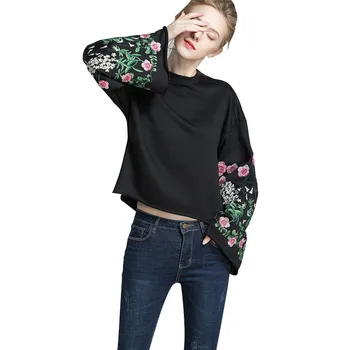 

Lychee Girls Floral Embroidery Raw Edge Sweatshirt O Neck Long Flare Sleeve Vintage Sweatshirts Spring Autumn Casual Pullovers