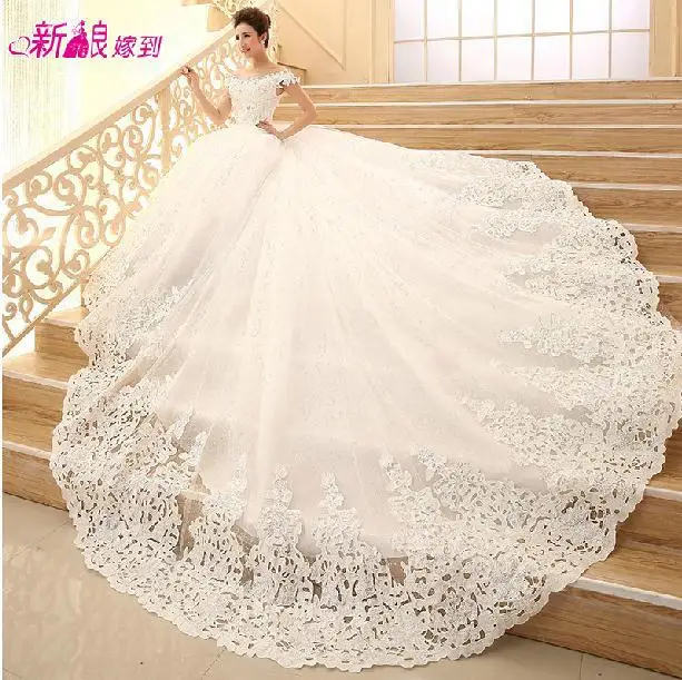 Fashionable Summer Diamond Lace Wedding Dress 2014 Boat Neck Long