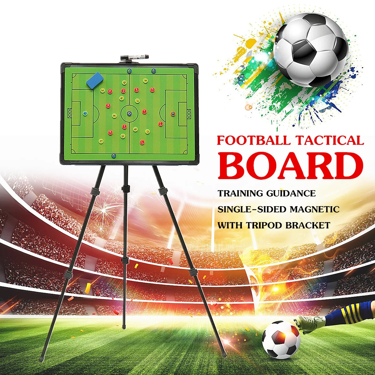 

Professional Football Tactical Coaching Board Training Guidance Magnetic w/ Tripod Stainless Steel+PVC Bump-proof Rubber Corners