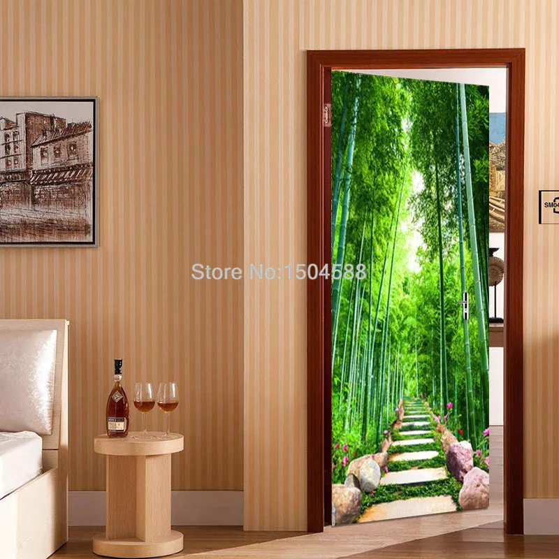 Зеленый лес природа пейзаж дверь стикер гостиная спальня обои ПВХ самоклеющиеся домашний декор двери Переводные рисунки наклейки на стену