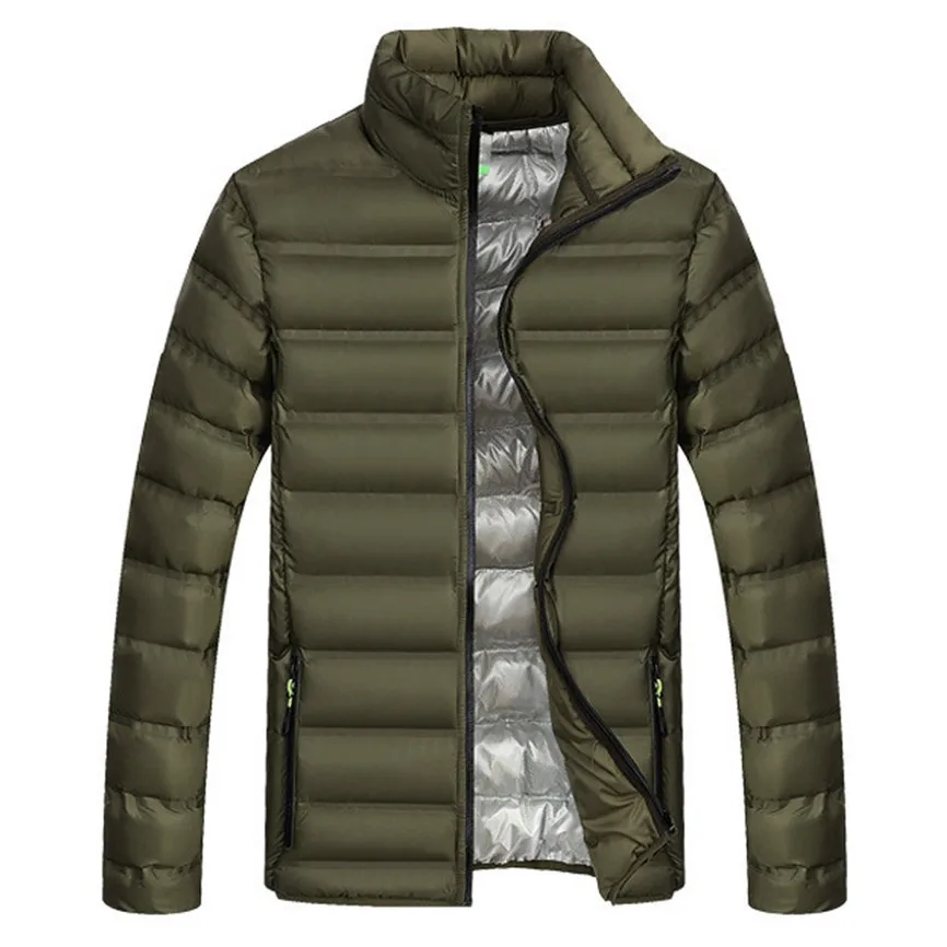 Мужская ветровка Куртки мужские модные зимние на молнии чистый цвет воротник стойка утолщенные хлопковые износоустойчивые кардиганы куртки Большие размеры - Цвет: Army Green