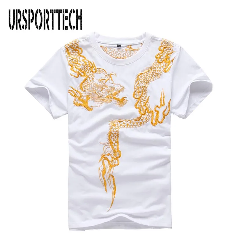 Short-Sleeved T-Shirt Chinese Style Men's Cotton Dragon Pattern Embroidery Half-Sleeved Cool Summer Large Size - Color: White