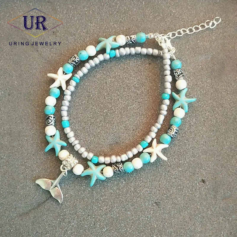 Летний Пляжный ножной браслет, белый и синий Морская звезда, винтажная многоярусная цепочка с бусинами, очаровательные модные украшения, богемный стиль, подарок на день рождения, KB351
