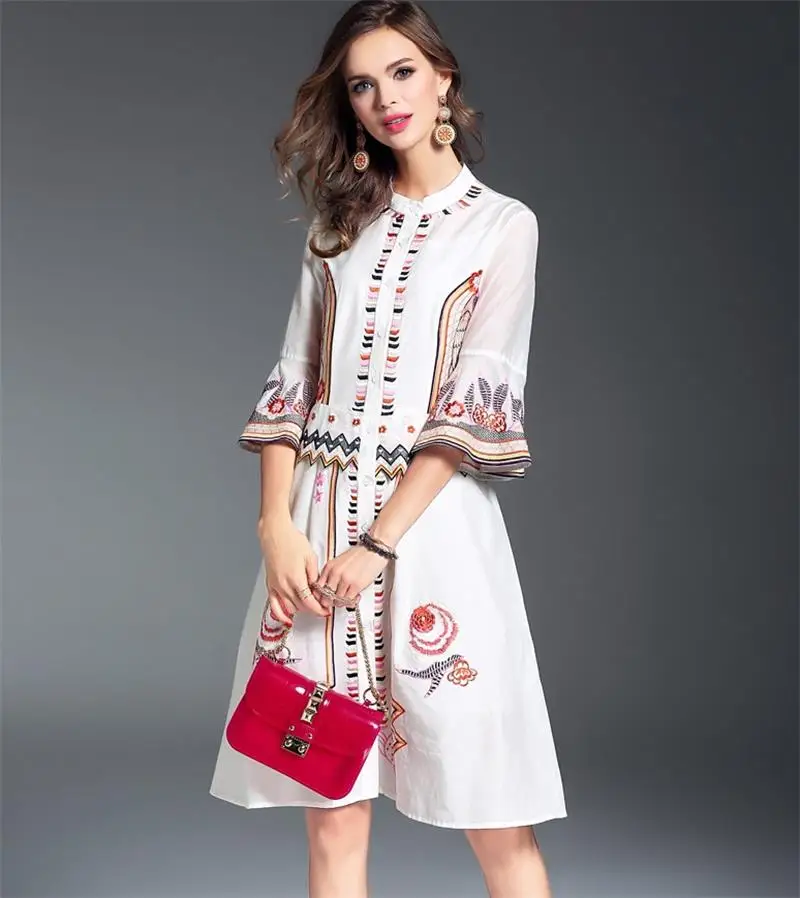 Women Dresses Spring 2017 Summer Dress European Design Patchwork Embroidery Dress in Dresses