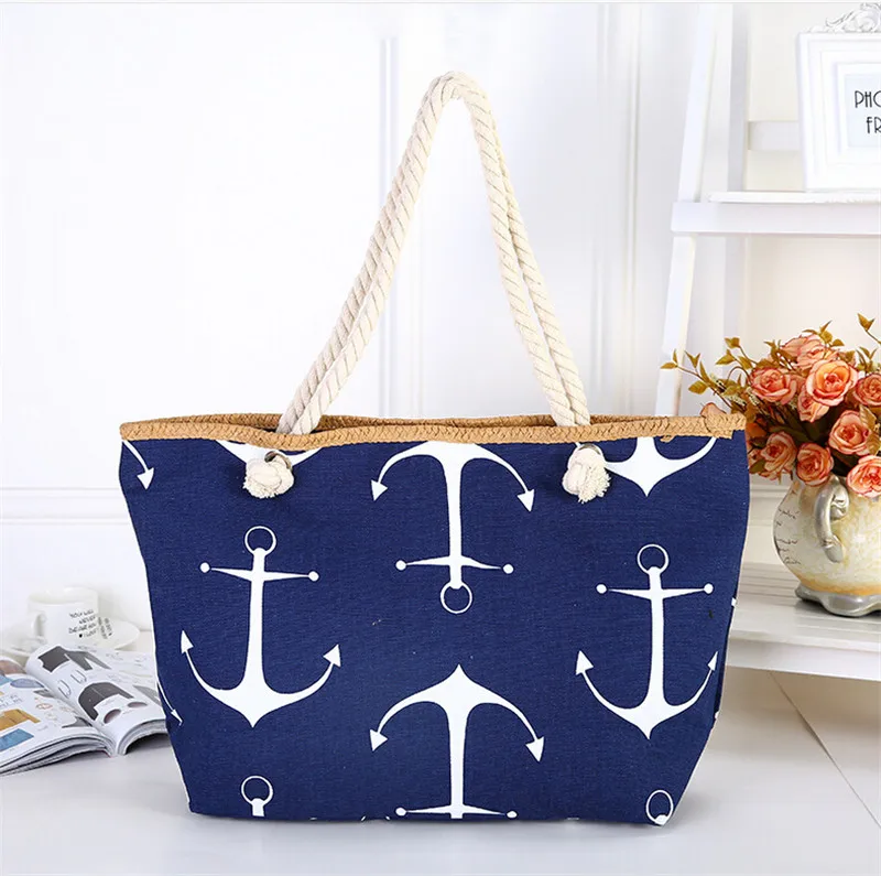 

Meloke 2019 new Women Large Capacity Summer Bag Hemp Rope Straw Weave Printed Anchor Canvas Bag Shopping Big Tote Beach Bag