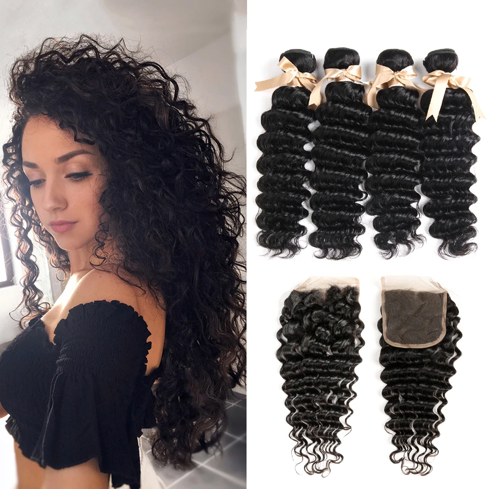 

Debut Hair Deep Wave Bundles With Closure Brazilian Hair Weave 28 Inch 2/3 Bundles WIth Closure Non-Remy Human Hair Extension