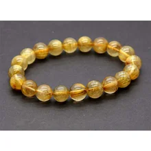 Со скидкой натуральный желтый золотой иглы Рутиловый Кварц готовой стрейч браслет круглые ювелирные бусины 10 мм