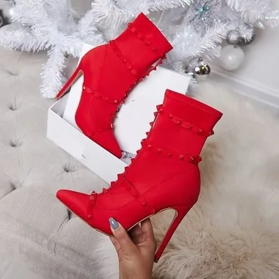 Femmes Nouvelle Mariée Tissu Pointues Élastique De Rivets Courtes Printemps Rouge Chaussures Bottines Hauts Talons OqZHdx6