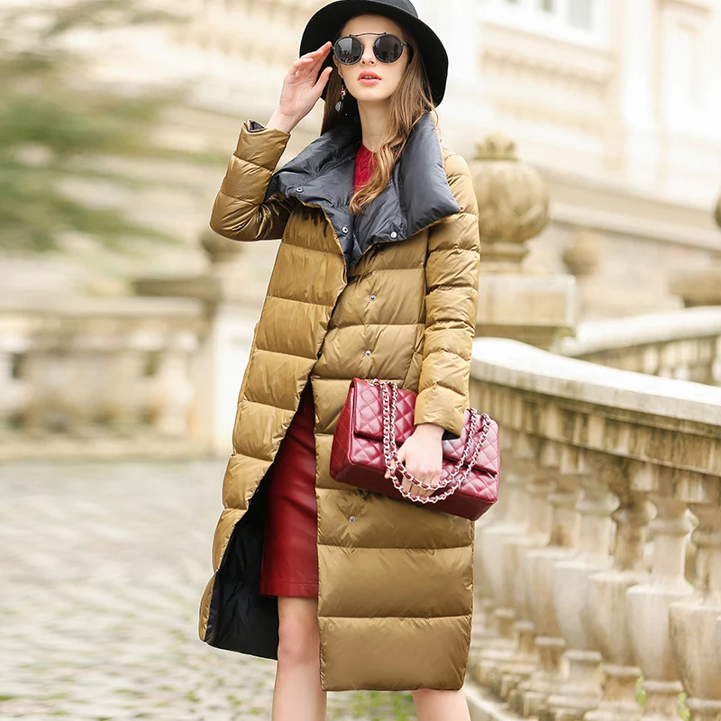 Зимняя куртка на утином пуху, женская модная Двусторонняя одежда, средней длины, теплое пуховое пальто, новинка, Женская парка золотистого и черного цвета, верхняя одежда