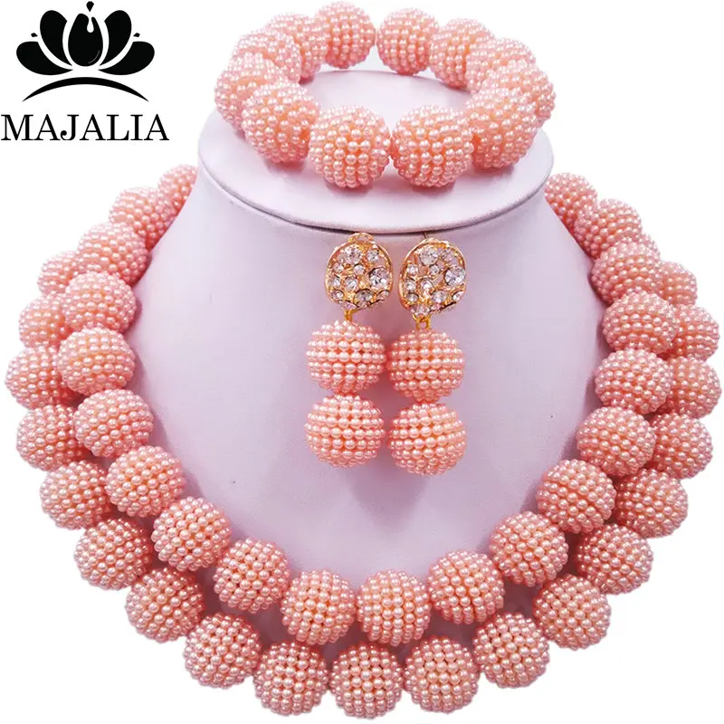 Majalia Fashion Classic Nigeria Wedding African Beads Jewelry Set Peach