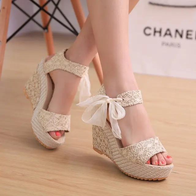

2019 Hot Women Sandals Summer Wedges Women's Sandals Platform Lace Belt Bow Flip Flops Open Toe High-heeled Women Shoes Female