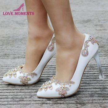 

Strange Style Heels Pointed Toe High Heel Platforms AB Crystal Wedding Dress Shoes White Anniversary Ceremony Shoes Bride Pumps