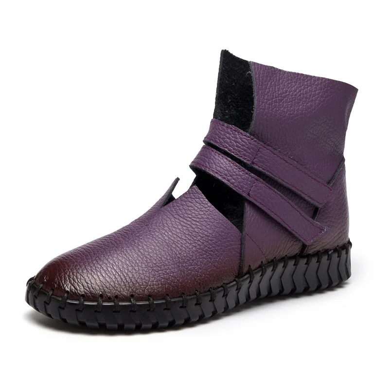 

Women Boots spring And Summer Genuine Leather Boots For mom Handmade Vintage Flower Ankle Botines Flat Bottom Shoes Woman
