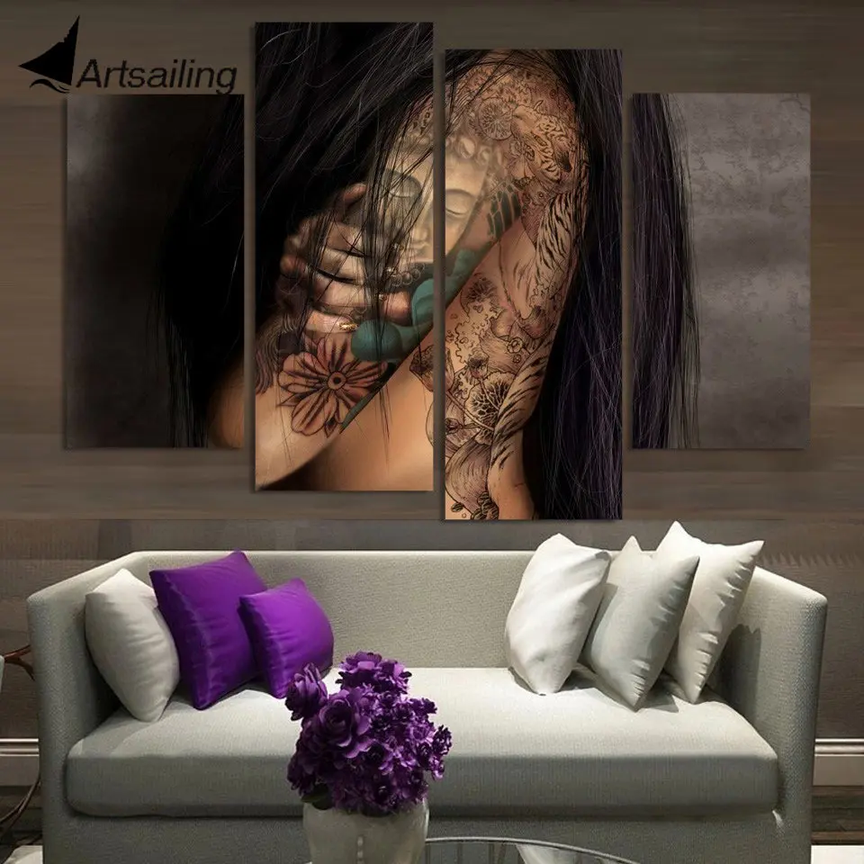 

HD Printed 4pcs Naked tattoo Painting on canvas room decoration print poster picture canvas framed Free shipping/ny-5045