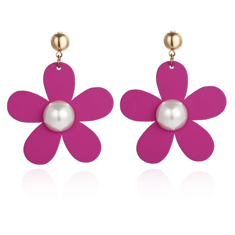 

2019 Korean Statement Blue Yellow Floral Dangle Drop Big Earrings Trendy Pearl Inlay Summer Gold Earrings for Women Accessories