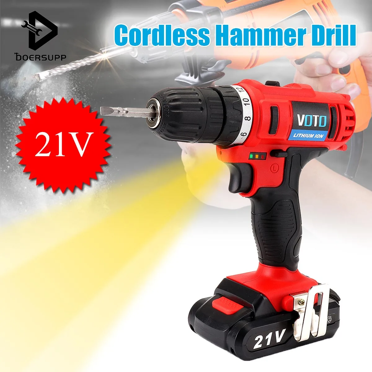 

21V Cordless Hammer Drill Electric Power Tool 36nm 2.0Ah Chargeable Electric Drill Screwdriver DIY Tool with Lithium Battery Kit