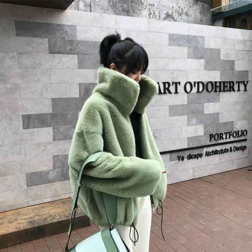 

Fashion brand fluffy big collar Faux Fur coat female Thicker warm Fox Fur Waistcoat zipper stitching coat with drawstring wq861