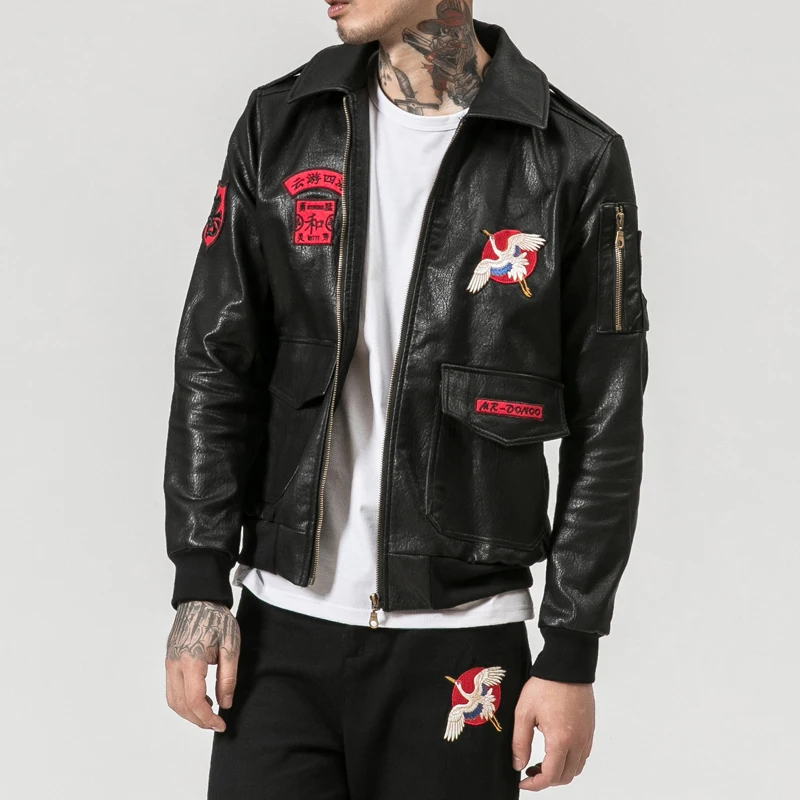 Кожаная куртка с вышивкой в виде Журавля jaqueta de couro masculina мужские кожаные