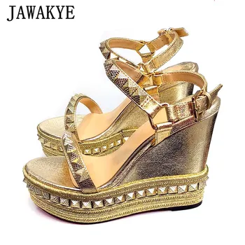 

2018 Sexy Platform Sandals Women Open Toe Rivet Mixed Color Wedges Shoes For Women Runway High Heels