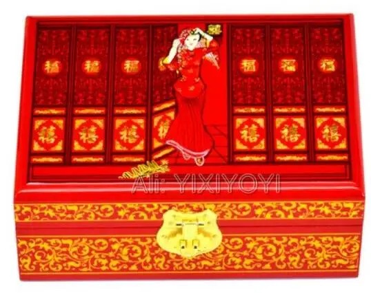

Ancient Chinese Handwork Wood 2 Layer Wedding Engagement Storage Box with Mirror Gorgeous Jewelry Display Box Carrying Case