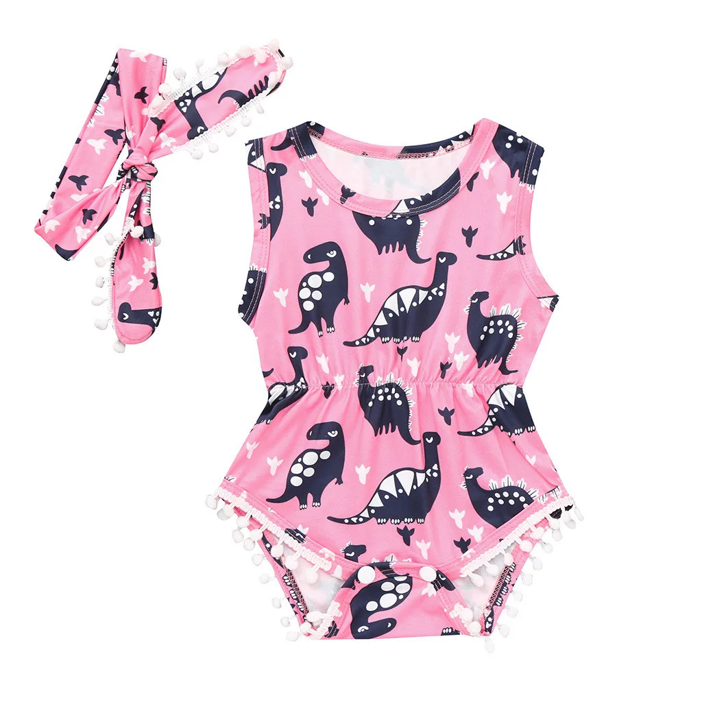 

2019 New infant romper Sleeveless Jumpsuit Baby meisje Dinosaur Print Jumpsuit Romper Sunsuit+Headband Outfits Set
