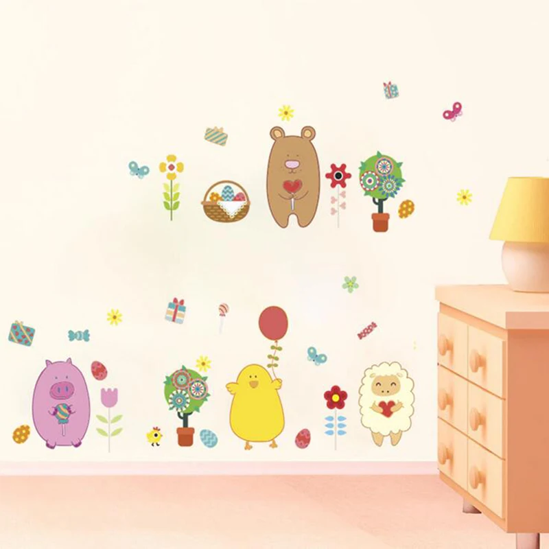 Cute Wall Stickers Funny Sheep Chicken Pig Bear Flowers For Kids Rooms Decor Cartoon Animals Decals Mural Art | Дом и сад