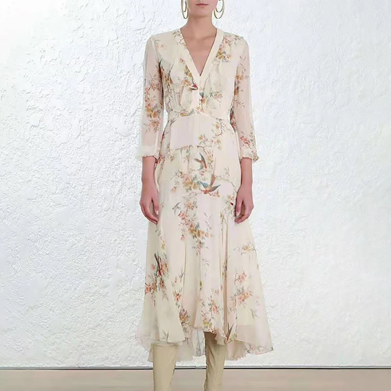 

2019 Runway Designer Woman Sweet Maxi Dress Sexy V-Neck Long Sleeve Floral Print Irregular Dresses Holiday Vacation Vestidos