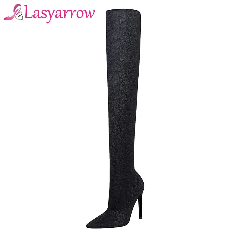 

Lasyarrow Women's Stretch Thigh High Boots Black Silver Over the knee Boots Sexy High Heels Stiletto Boots Pointy Shoes Woman