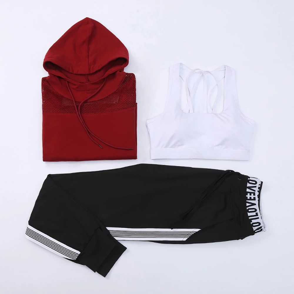 

Striped Yoga Suit Women 3 Pieces Hooded Jacket Set Sportswear Sports Bra + Long Sleeve Yoga Shirt +Yoga Leggings Pants