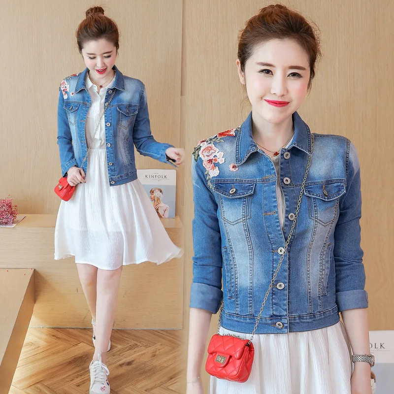 

Autumn Denim Jacket Women 2018 Three Quarter Slim Cotton Light Washed Short Jeans Jacket Coats Ladies Embroidery Denim Coats