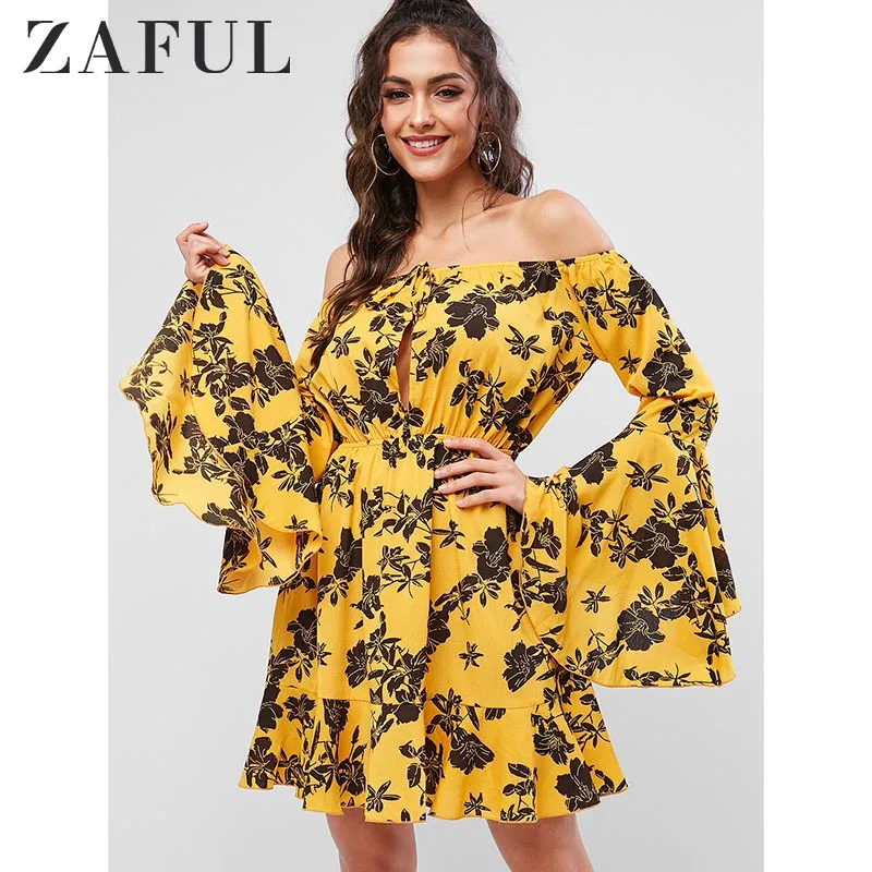 ZAFUL Floral Sleeve Lantern Vacation Beach Sling Flounce Off Shoulder Organza Dress Sexy Evening Party Bodycon Wholesale | Женская