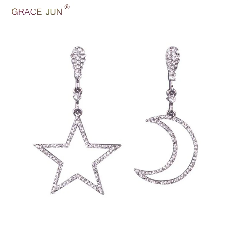 

GRACE JUN Large Star Moon Clip on Earrings for Women Rhinestone Fashion Luxury Hollow-out Bridal Wedding Without Pierced Earring