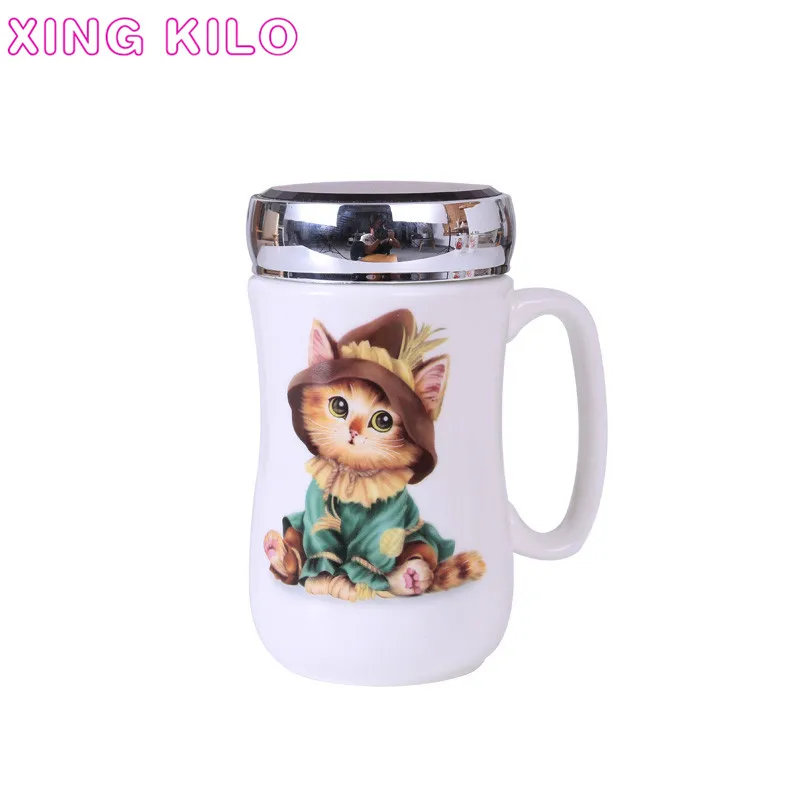 

XING KILO Ceramic drinking cup mug with lid large capacity milk cup cartoon couple creative mirror