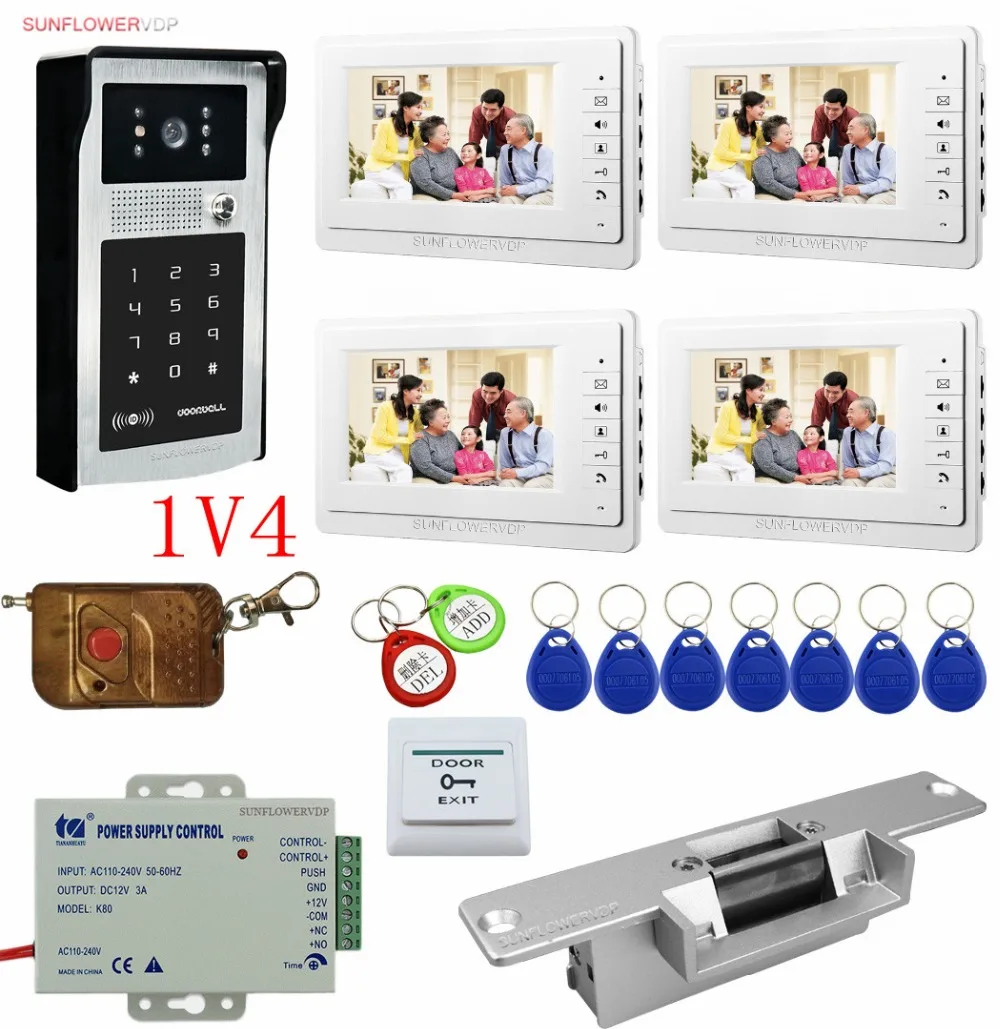 Rfid Keypad Home Video Door Phone 4 Monitors 7\ Color Lcds Video Intercom With Wireless Remote Control Electric Strike Door Lock