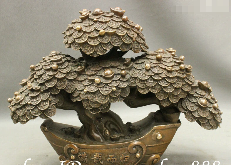 

13" Lucky Chinese FengShui Bronze Wealth Money Tree On Boat Home Art Statue Set