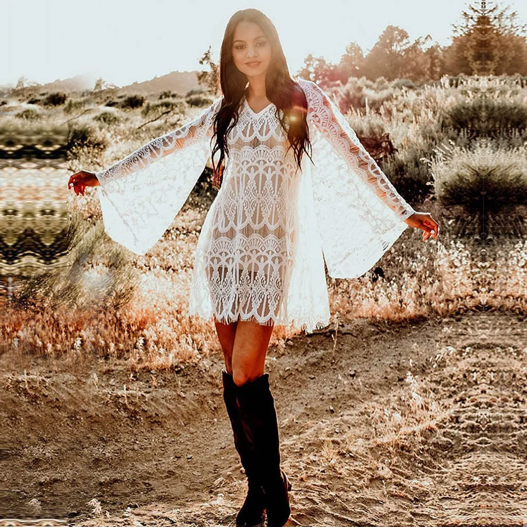 

2019 Summer Hollow Out Lace Bikini Cover Up Solid Chiffon Cape Beach Dress Swimwear Women Swimsuit V Neck Beachwear Beach Tunics