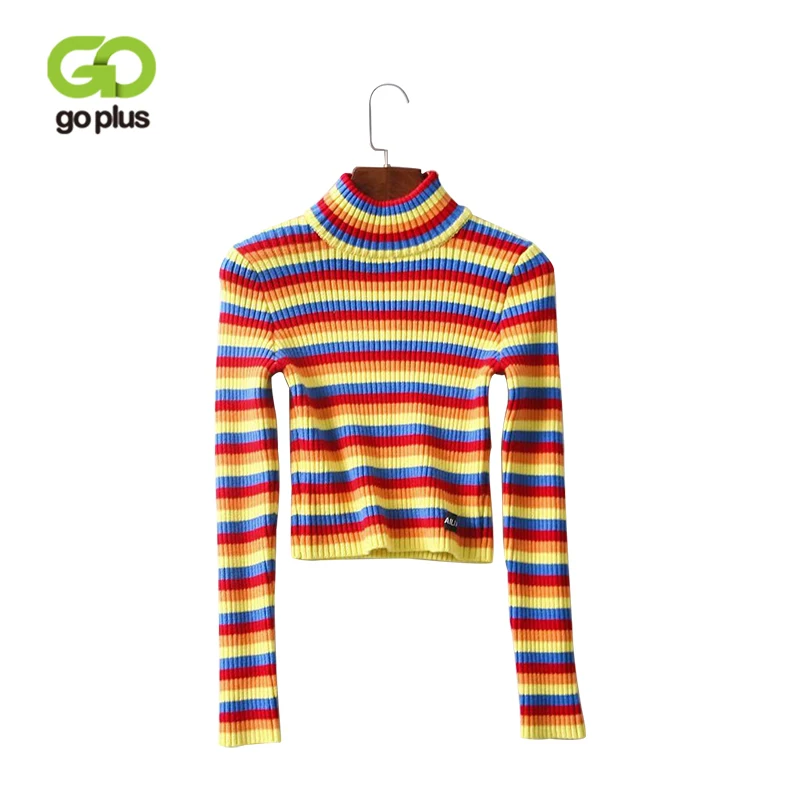 GOPLUS Rainbow Women's Sweater Winter Autumn Slim Striped Colorful Turtleneck Sweaters For Women Pullover Clothing | Женская одежда