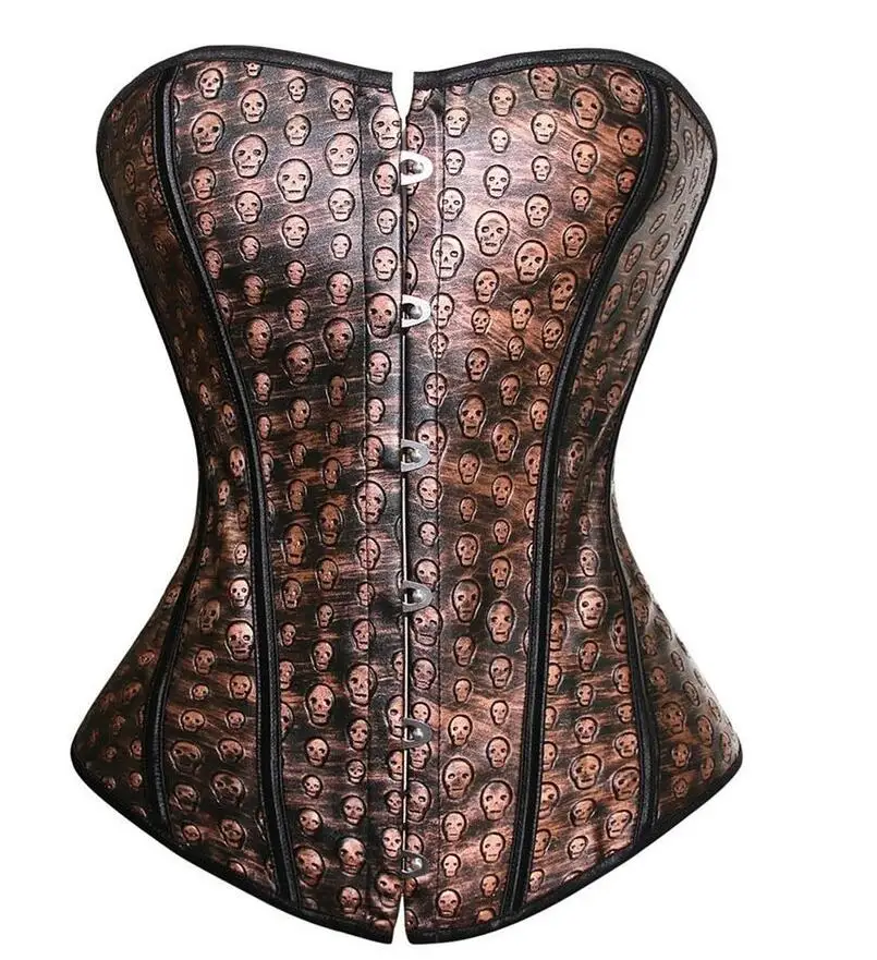 7107Brown Искусственное кожаное платье-корсет женский стимпанк костюмы на Хэллоуин Бурлеск пиратский череп бюстье юбка комплект Топы коричневый Сексуальный Плюс Размер - Цвет: 7107Brown