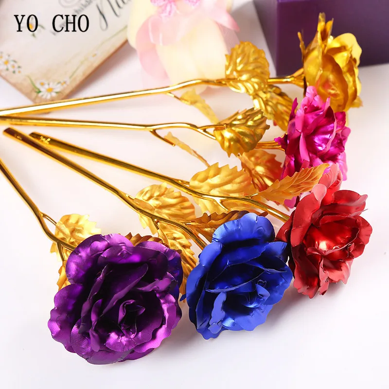 YO CHO 24 K Gold Foil Roses Artificial Flowers Home Decoration Mother's Day Big Flower Heads With Stem Anniversary Gift Flower