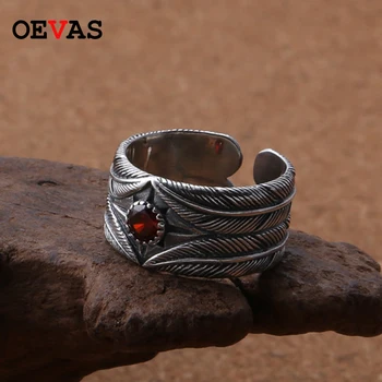 

Korean fashion feather Rings Retro Thai silver Red stone open ring for men women 925 Sterling Silver Jewelry Gothic Punk bague