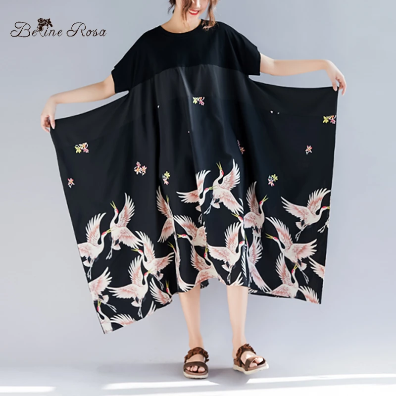 BelineRosa 2019 Summer Holiday Casual Style Shirt Dresses Elegant Printing Irregular Hem Black Plus Size Tunic Dress TYW00972