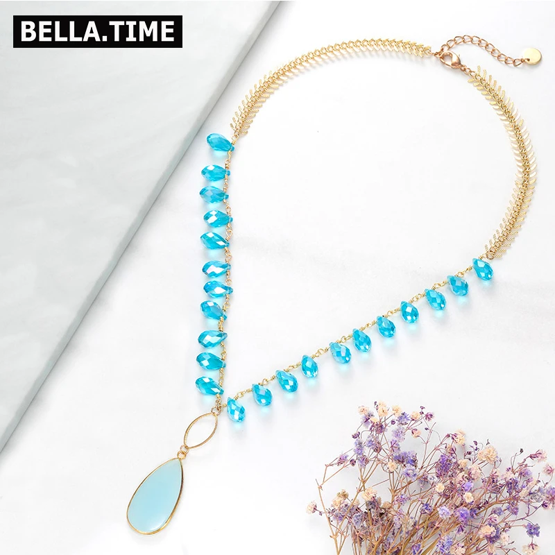 

Boho Light Blue Water Drop Crystal Pendant Necklaces For Women Brass Wire Wrap Pear Crystal Shell Slice Chain Necklaces NKS194
