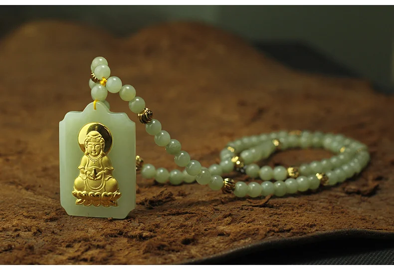 

Nature white jadite Pure gold Guanyin Buddha Pendant Amulet 6mm Beads Necklace*Certificate