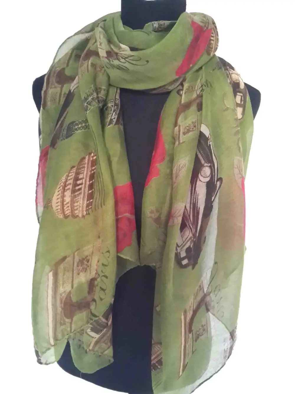 Сувенирный Париж здания автомобиля цветы шарф шаль с принтом Снуды Женские аксессуары подарок - Цвет: green