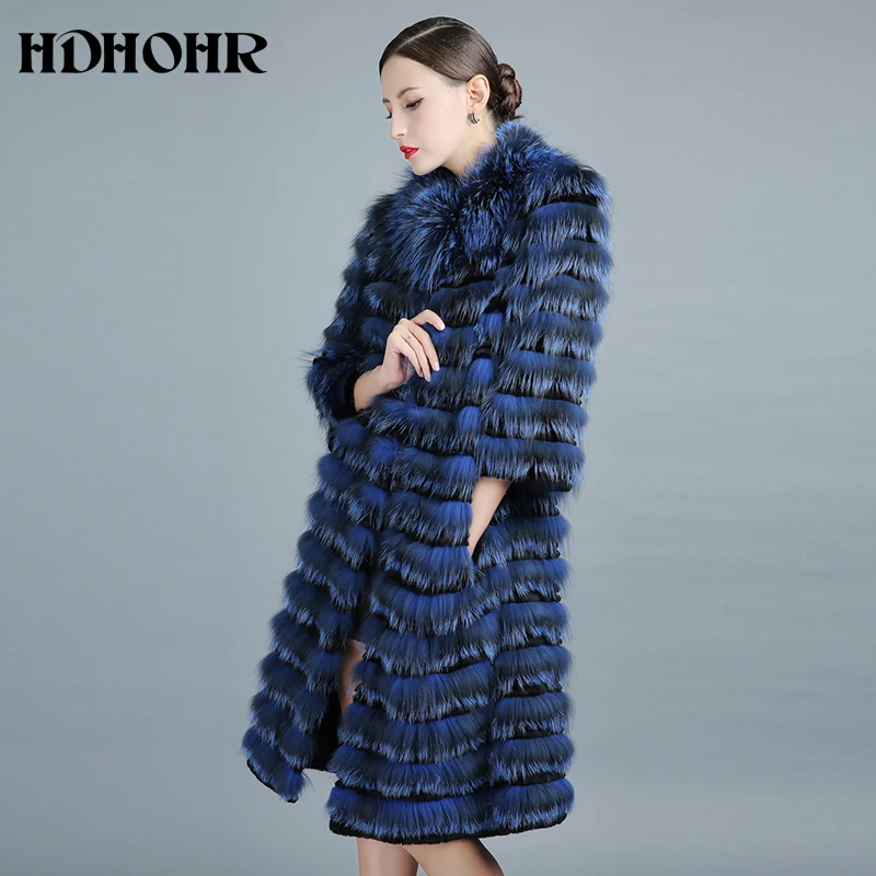 HDHOHR новое натуральное пальто из меха серебристой лисы зимнее высококачественное пальто из натурального меха лисы для женщин 100 см длинное стильное меховое пальто
