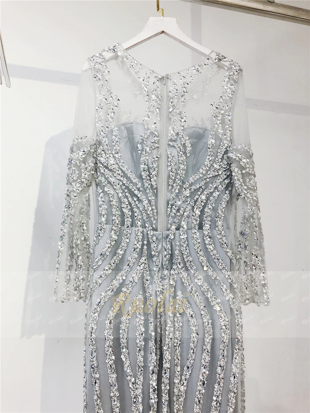 Роскошные бисером вечерние платья одежда с длинным рукавом Scoop Русалка платье для выпускного вечера 2019 серый/Шампанское халат de Soiree SQ8