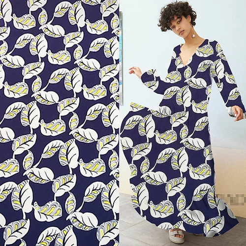 

100% чистый шелк, крепдешиновая ткань, абстрактные листья, принт на темно-синий, SCDC723