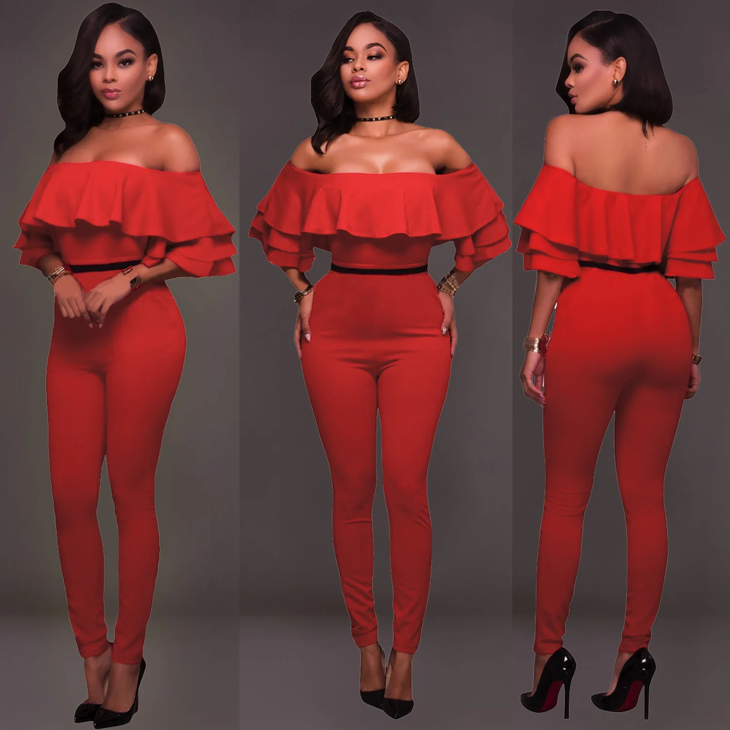 Plus Size Rompers Spot tight Red jumpsuits Body Mujer Off Shoulder