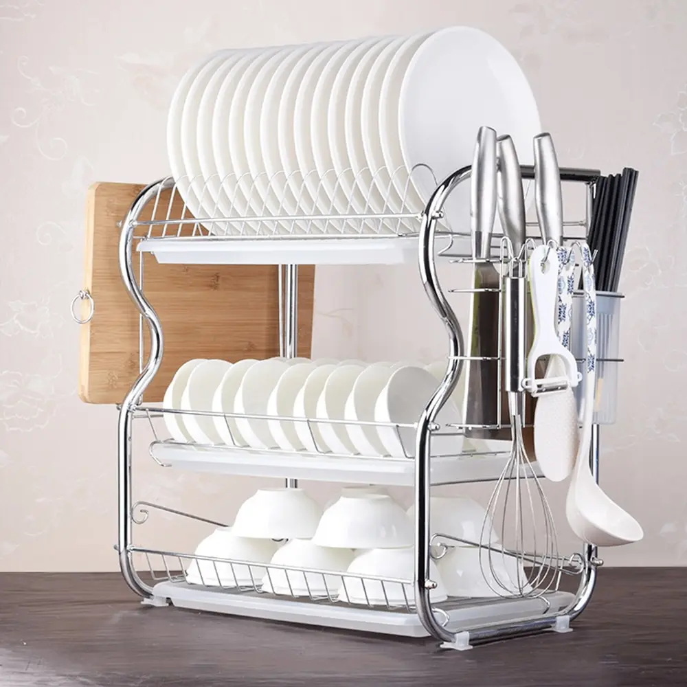 

3-Tier Dish Rack Drain Kitchen Storage Rack Draining Rack Chopsticks/Knives/Cutting Board Holder Kitchen Organizer Accessories
